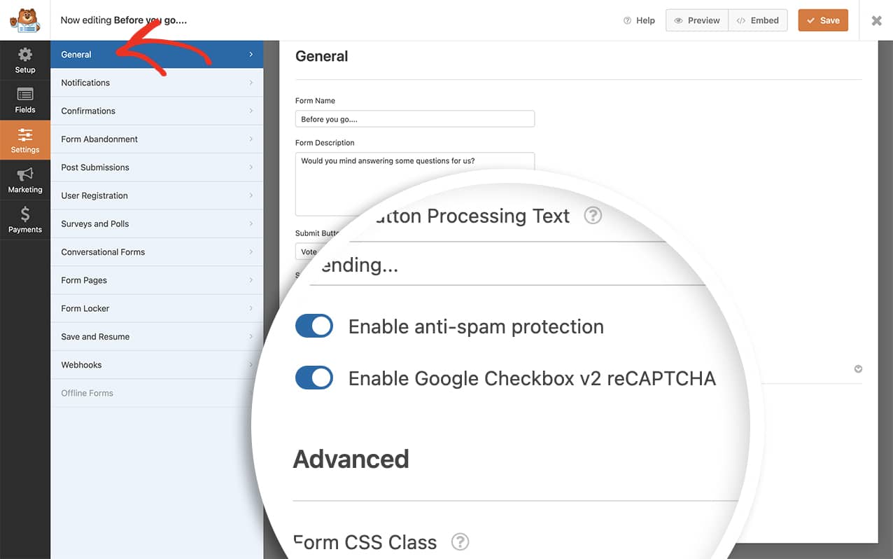 Enable Google reCAPTCHA on your form under the General tab of your form settings