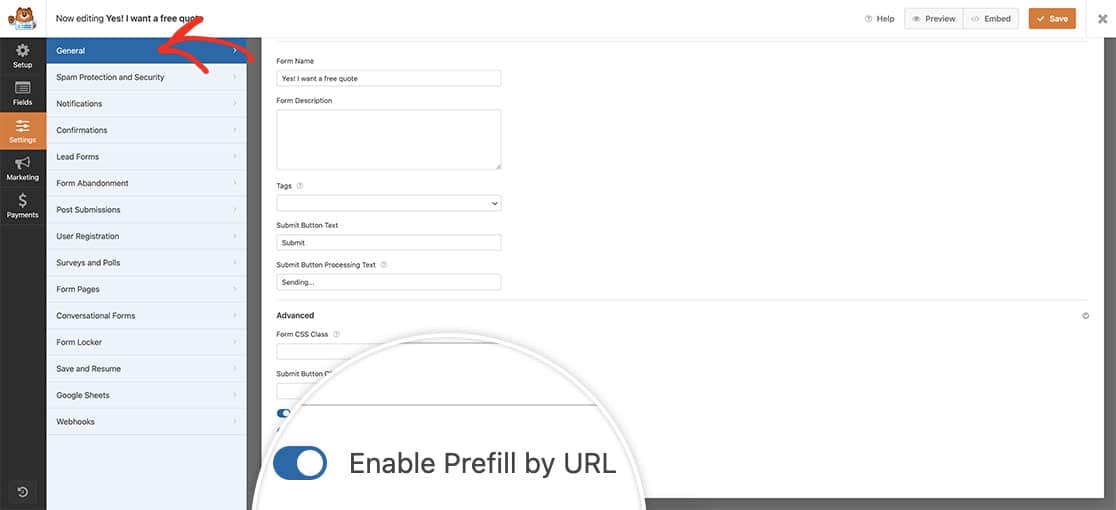 Enable Prefill By URL setting on the General tab of the settings of the form inside the Advanced options