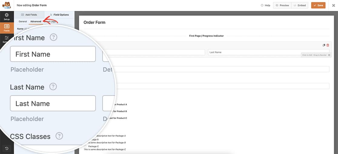 create your form, add your fields and text the placeholder text on each field.