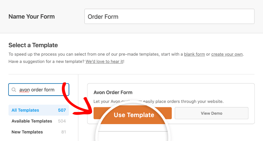 Selecting the Avon Order Form template
