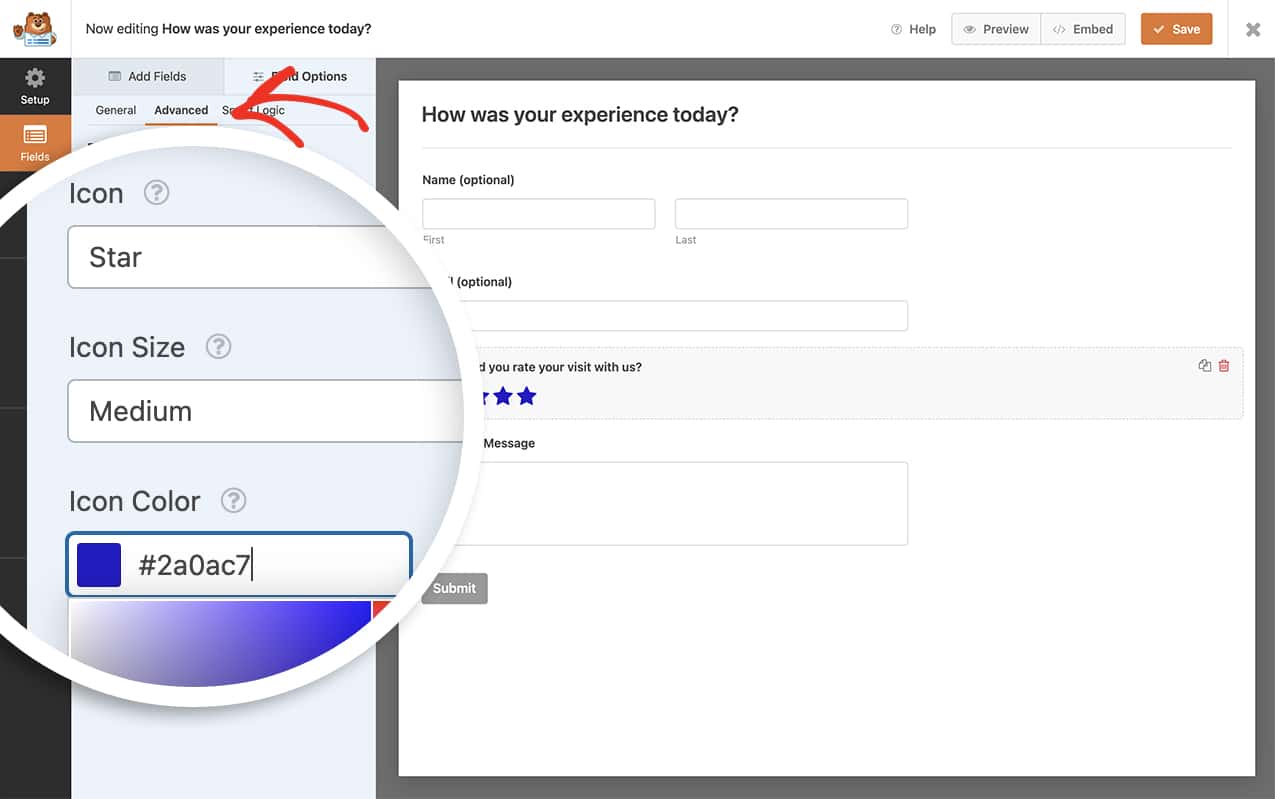create your form, add your rating field and on the Advanced tab set your icon and icon color.