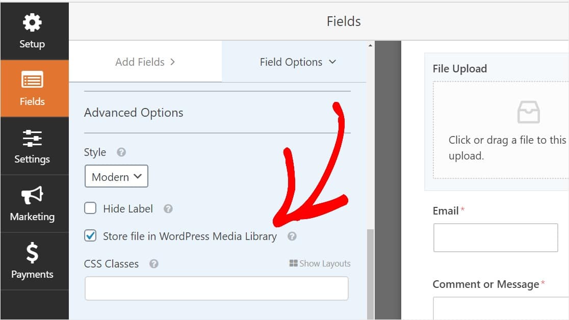 selectievakje om uploads op te slaan in wordpress mediabibliotheek