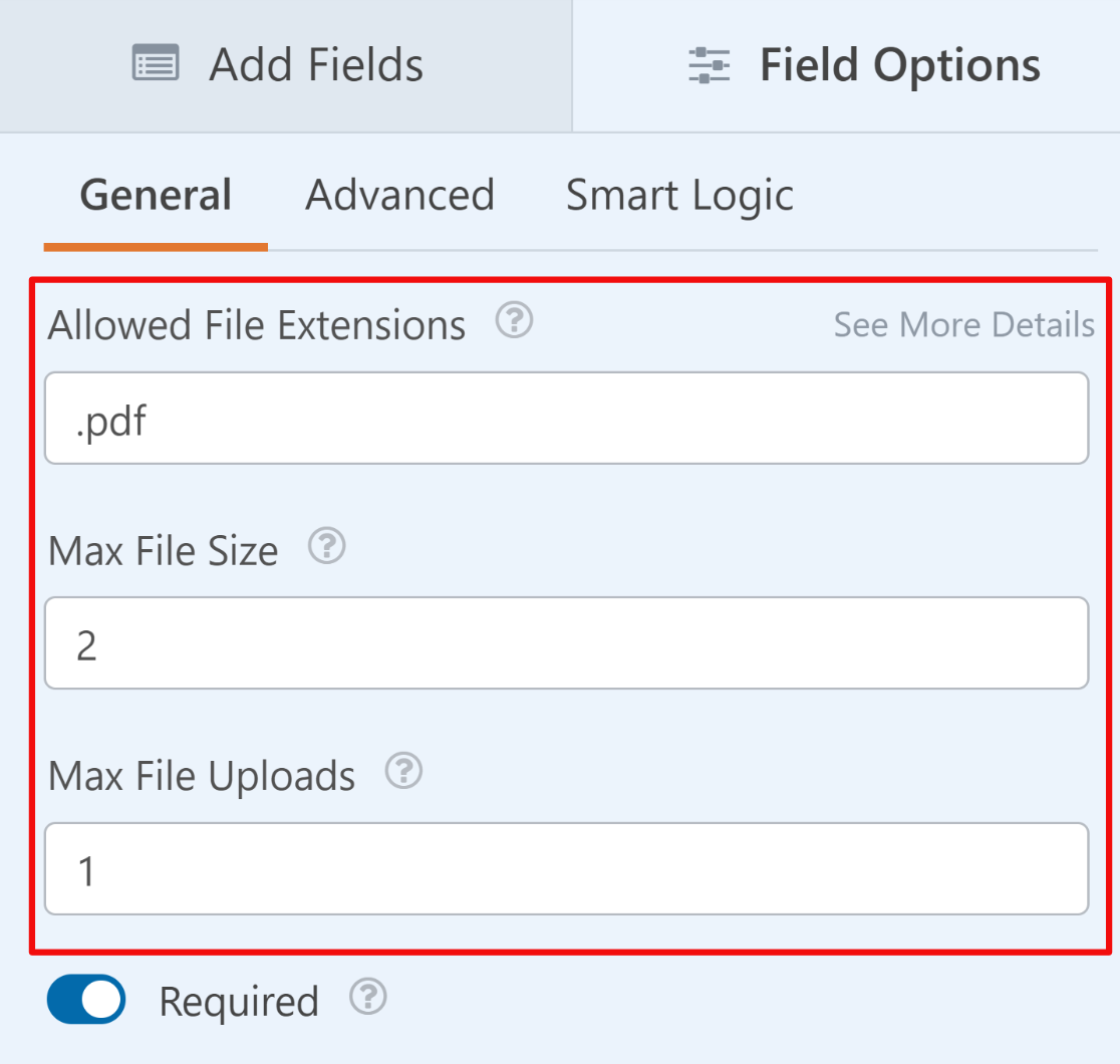 File upload field settings and restrictions