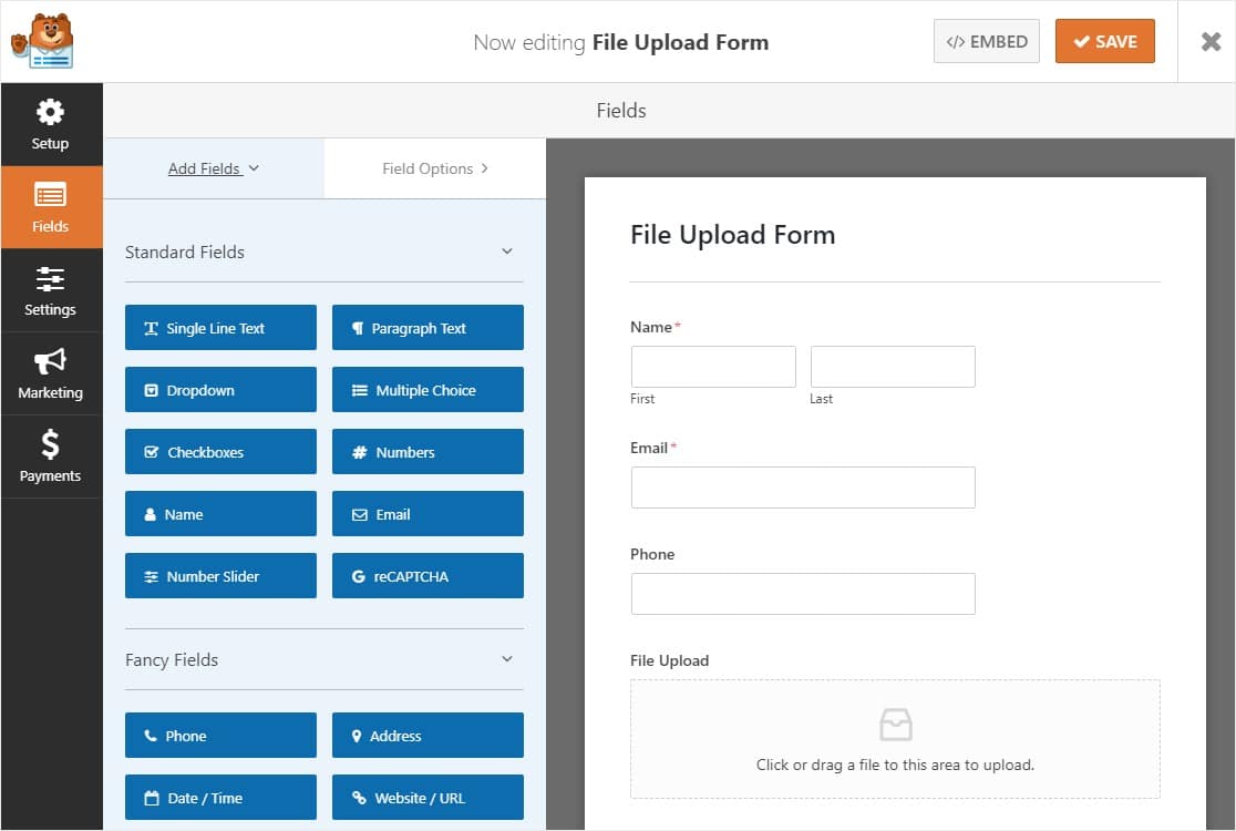 modulo di caricamento file con modello di campo di caricamento file