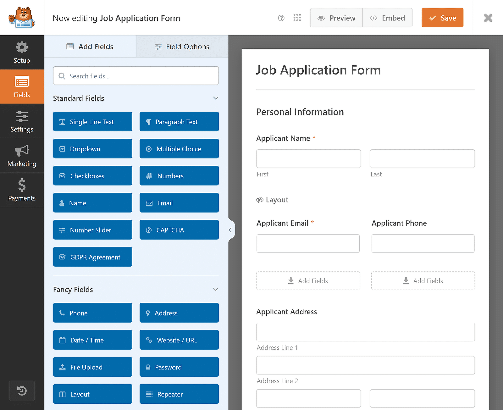 job application form preview