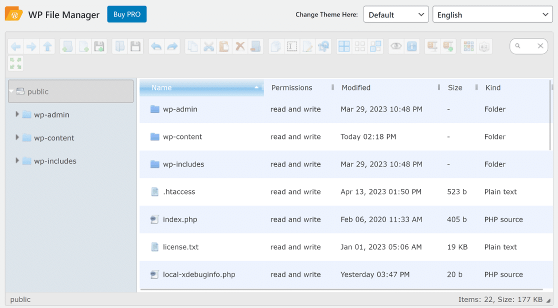WP File Manager WordPress dashboard view