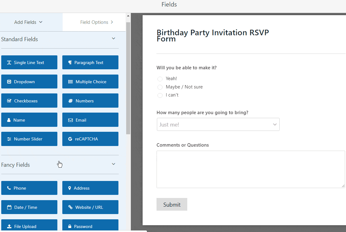 add fields to online rsvp birthday party invite form