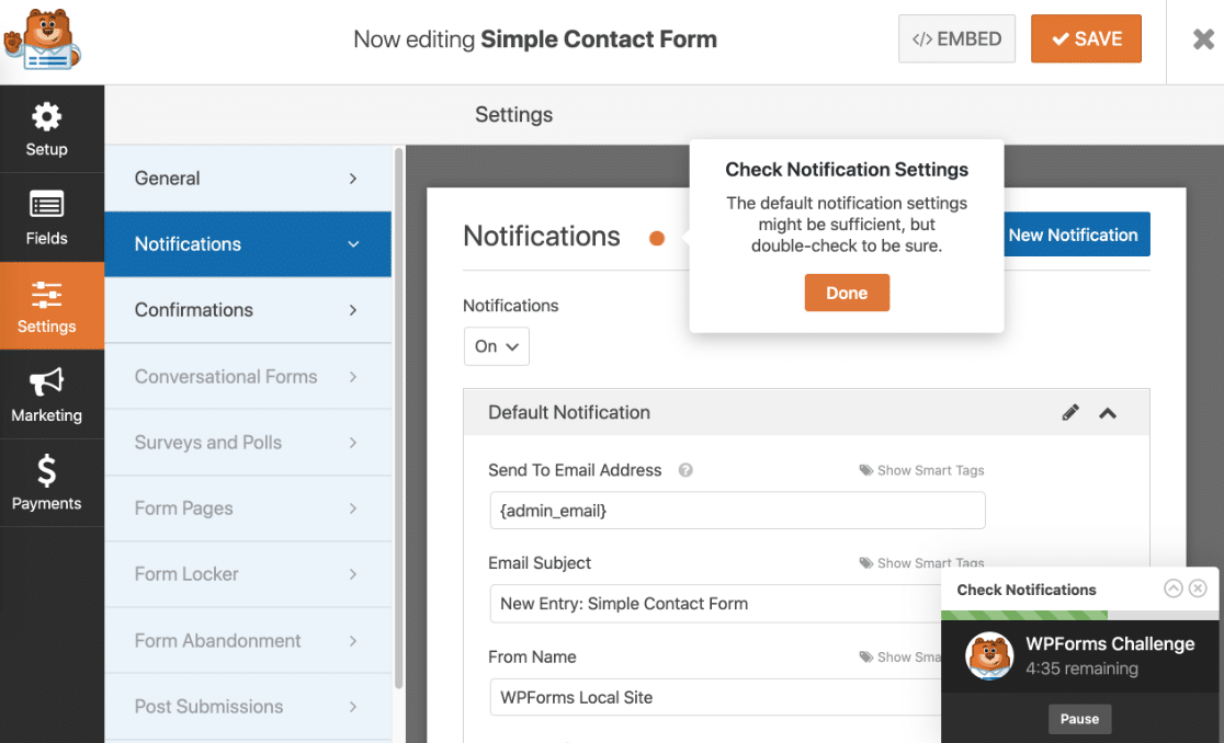 Set up form notifications in the WPForms challenge