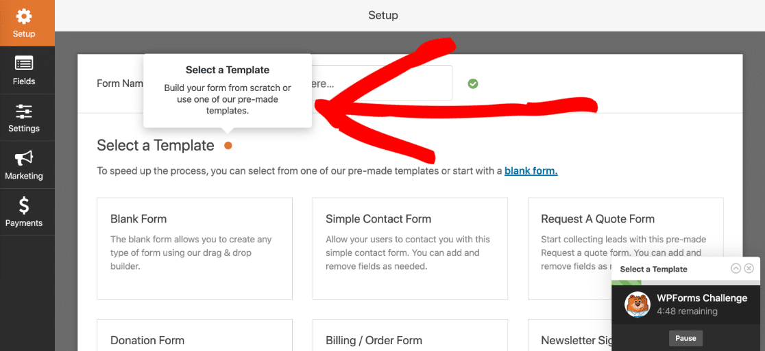 Select a template in the WPForms challenge