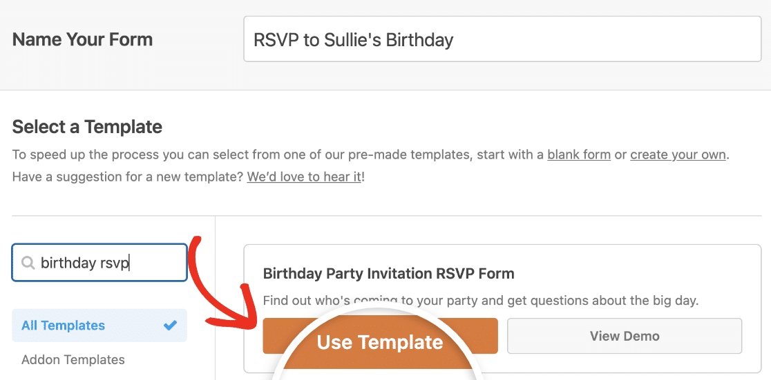 Selecting the Birthday Party Invitation RSVP Form template