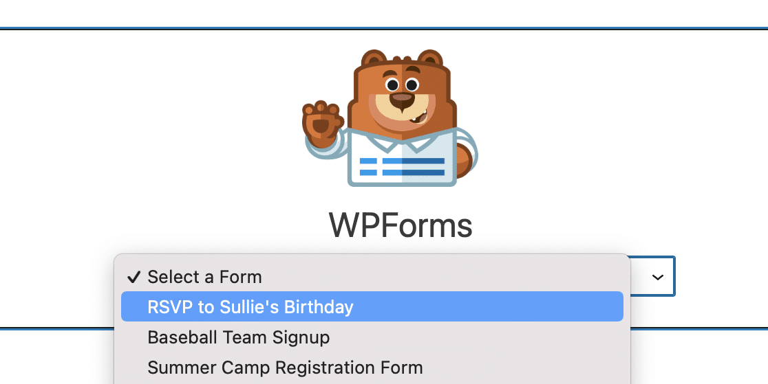 Choosing your birthday party RSVP form from the WPForms block