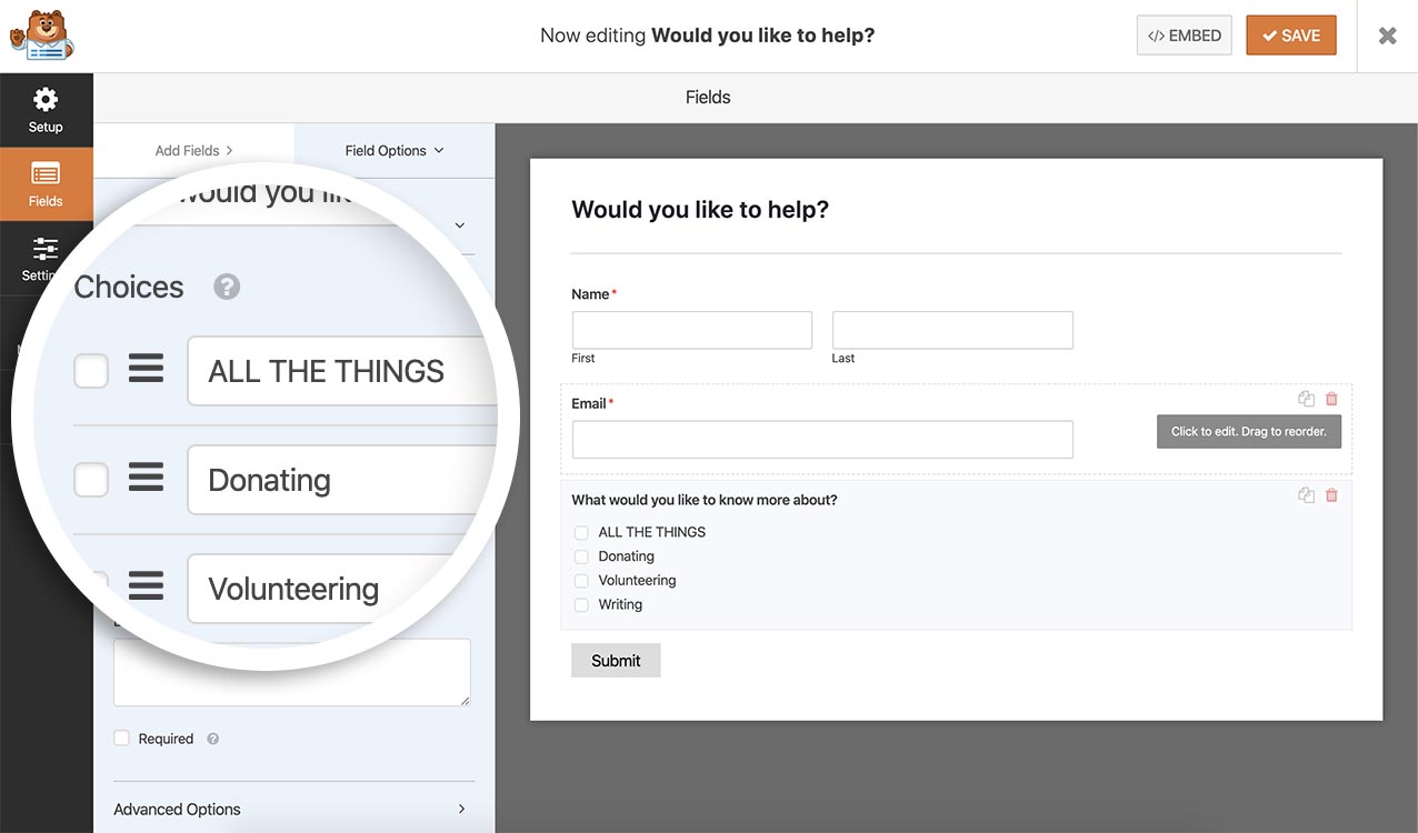 First add a checkbox form field with options including a  select all option to your checkboxes
