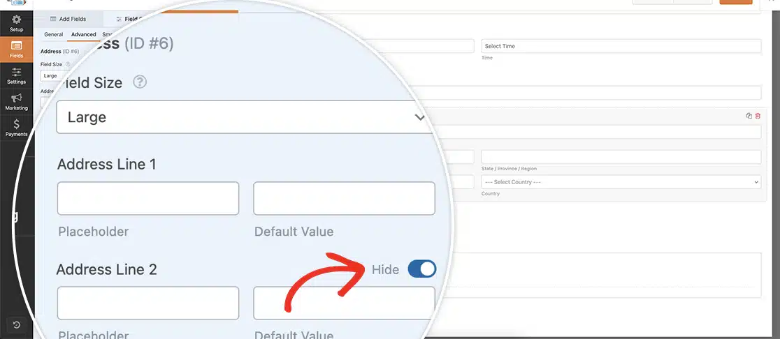 wpforms-default-hide-toggle-switch - WPForms toggle the switch to hide certain fields in the International Address Scheme that you do not wish to display