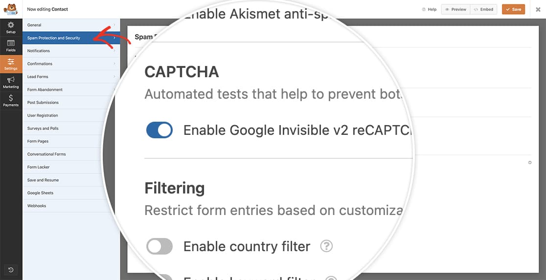 enable the Google recaptcha on the form builder settings