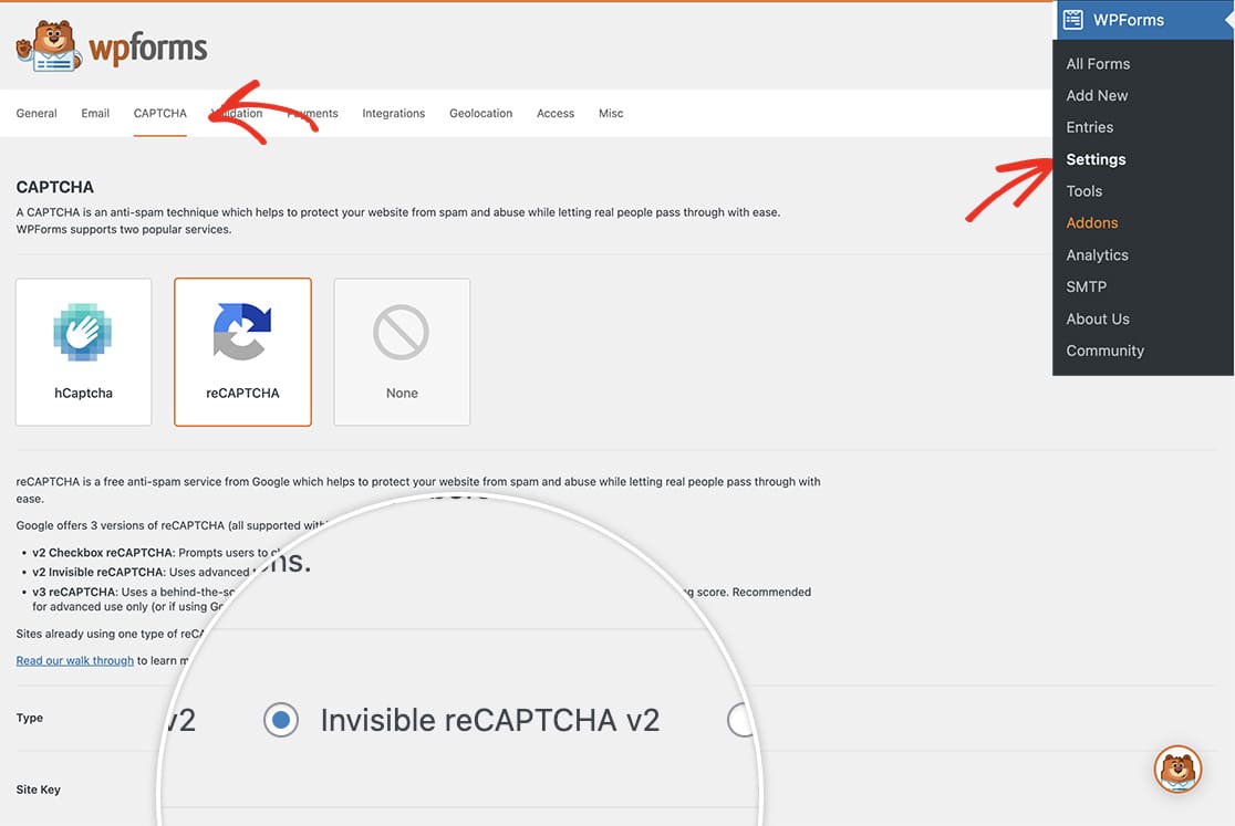 set the Google invisible captcha