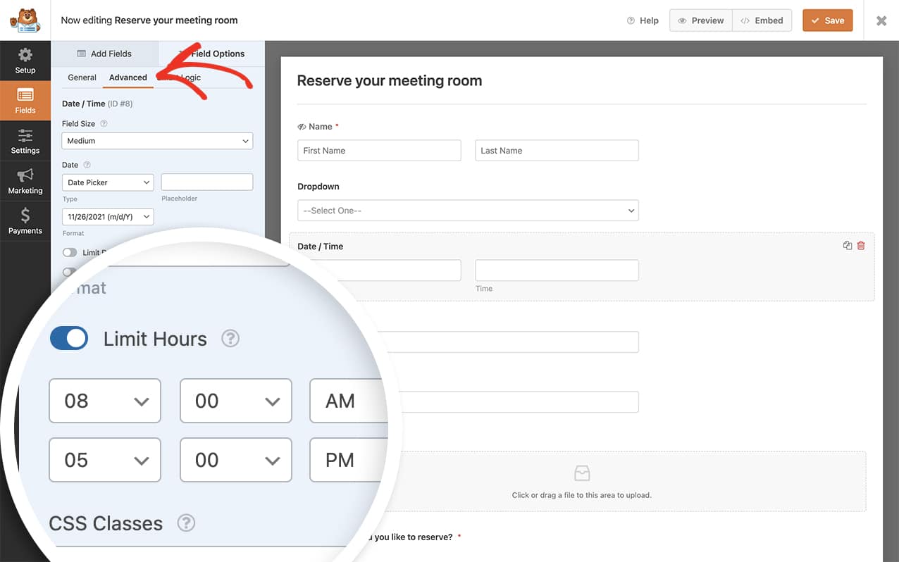 on the Advanced tab, click to toggle the Limit Hours option and set your opening and closing times