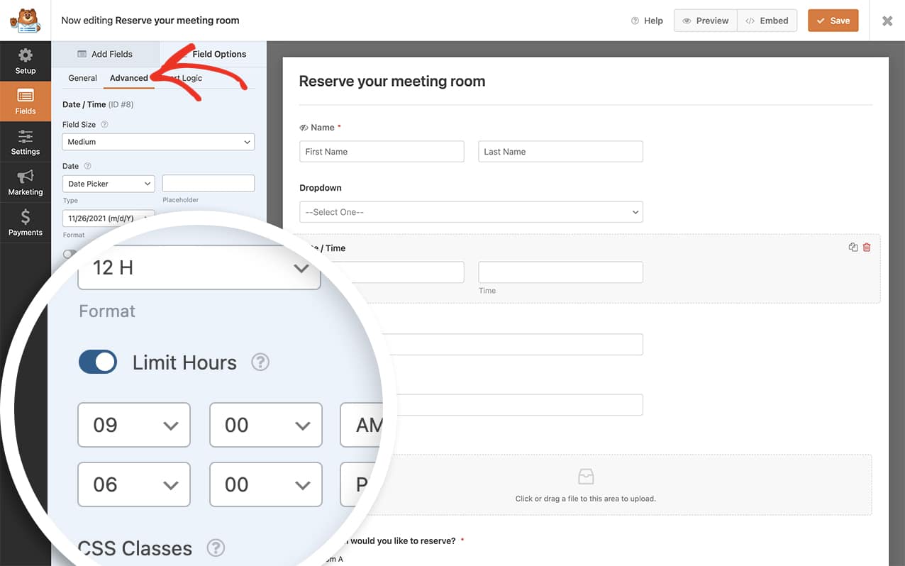limit the time on your time picker form field with built-in options on the Advanced tab of the form builder
