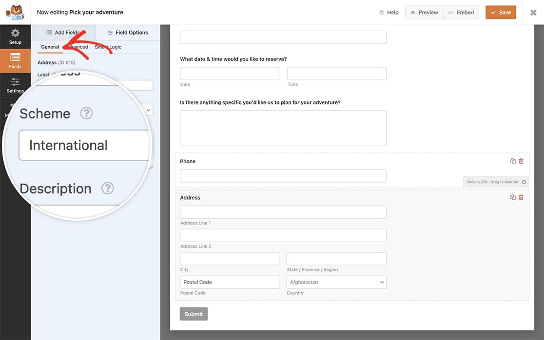 add the address field and select International from the Scheme dropdown