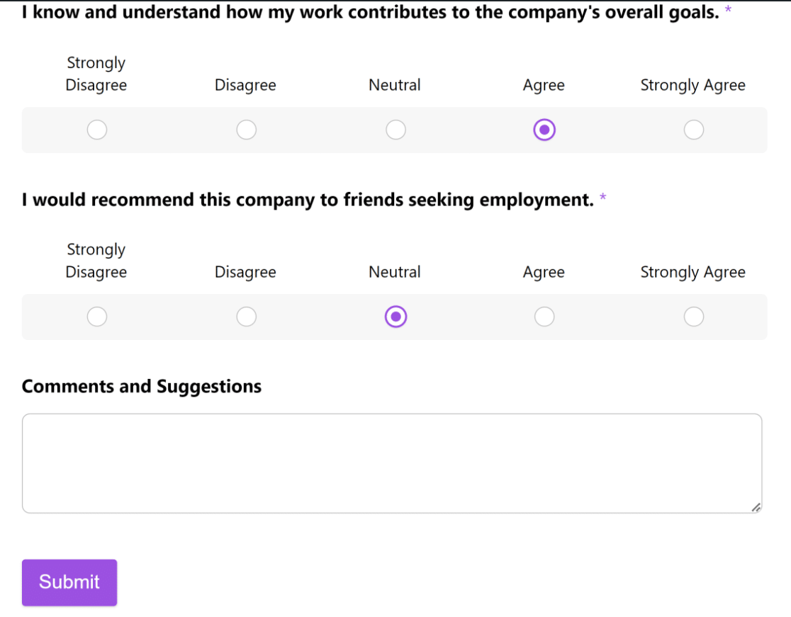 WPForms survey form frontend