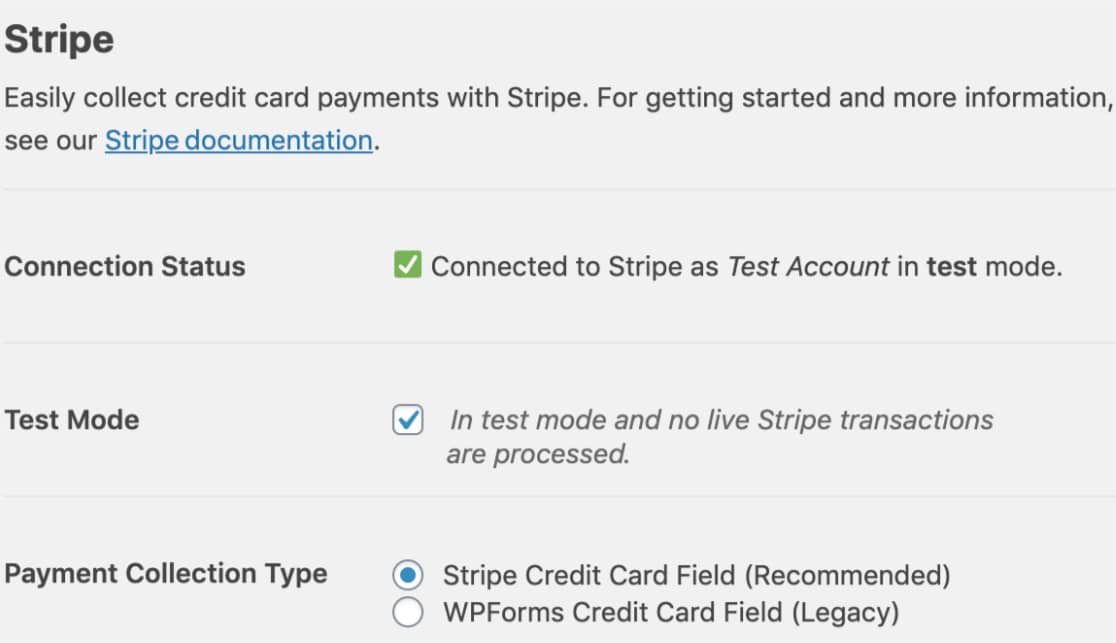 Stripe key fields in WPForms payment settings
