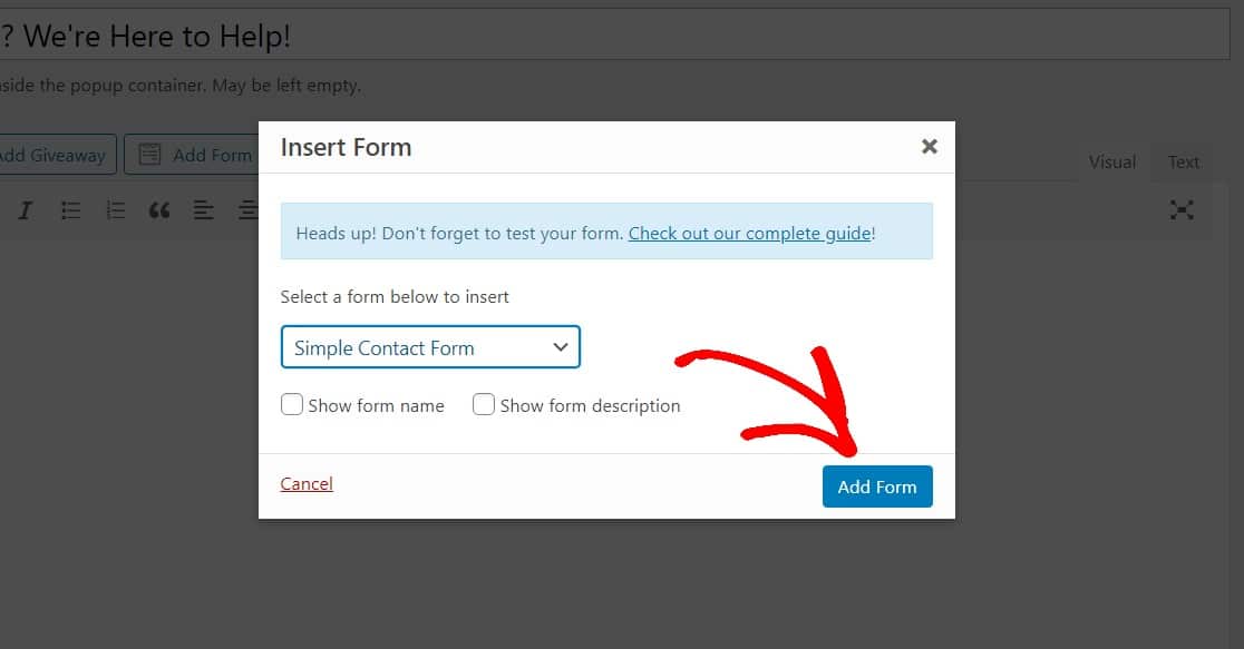 add contact form to wordpress popup