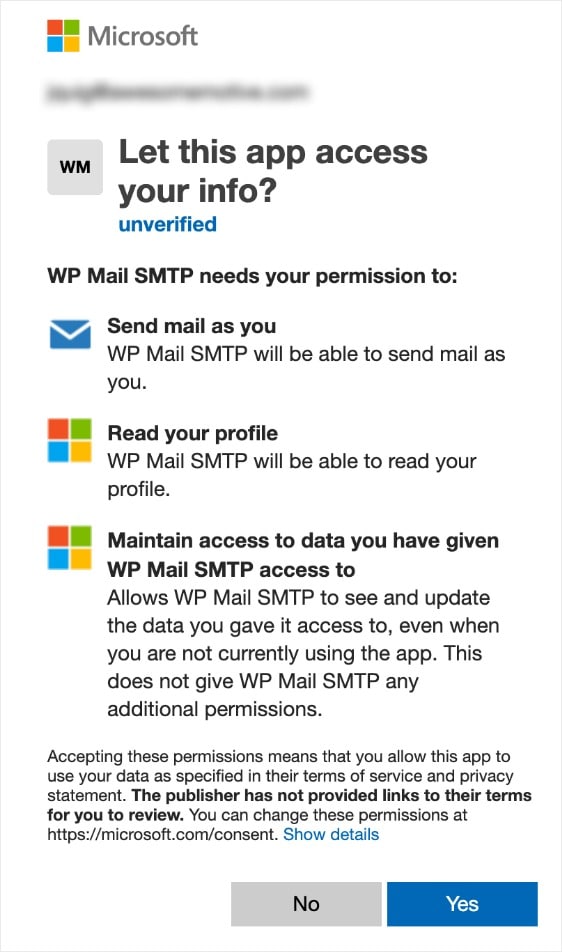 allow permissions screen on microsoft outlook smtp