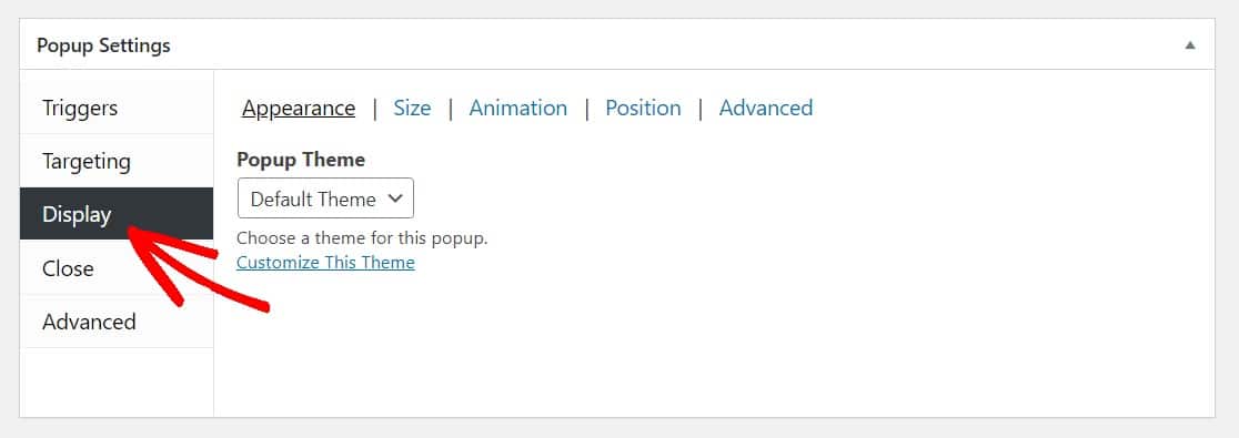 change wordpress popup form display settings