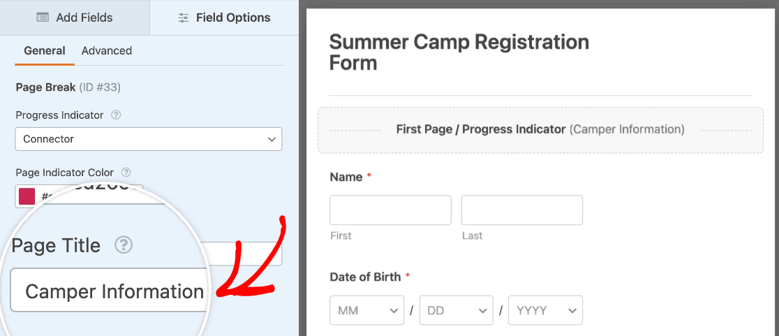 An arrow pointing towards the form title field to rename your form