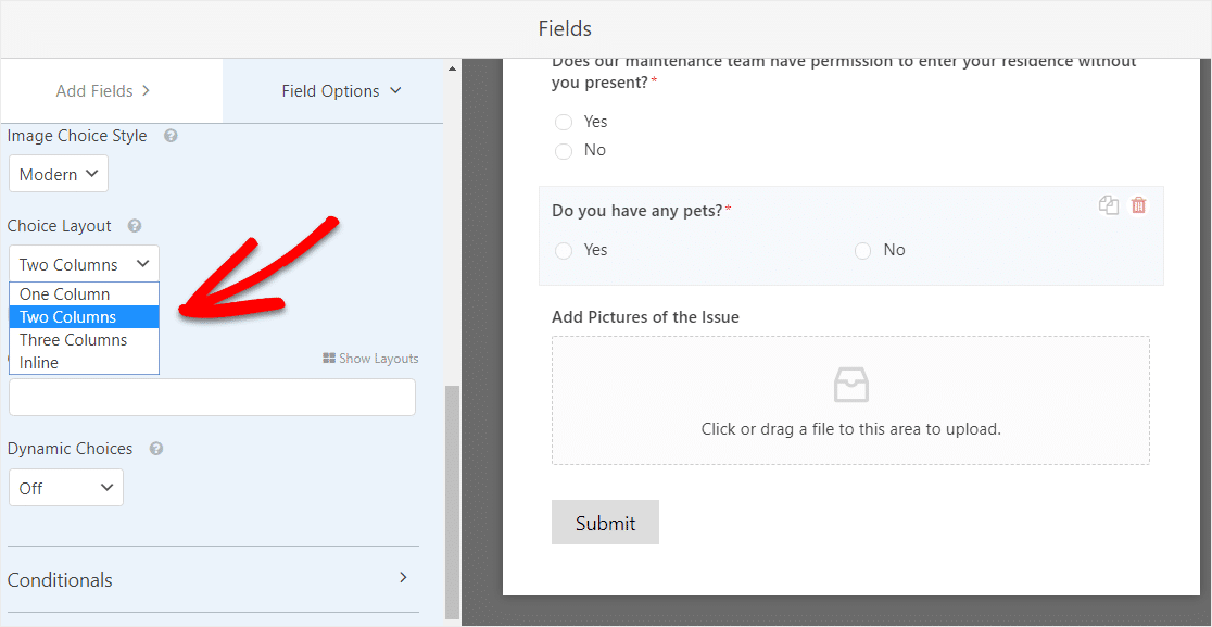 how to make a two column layout with multiple choice field