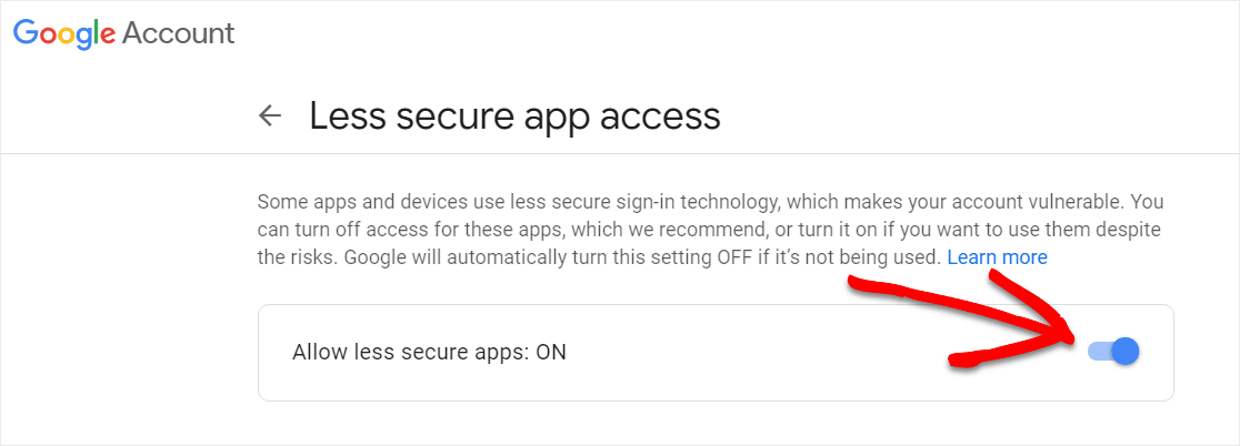 less secure apps on for when wordpress contact form not sending email