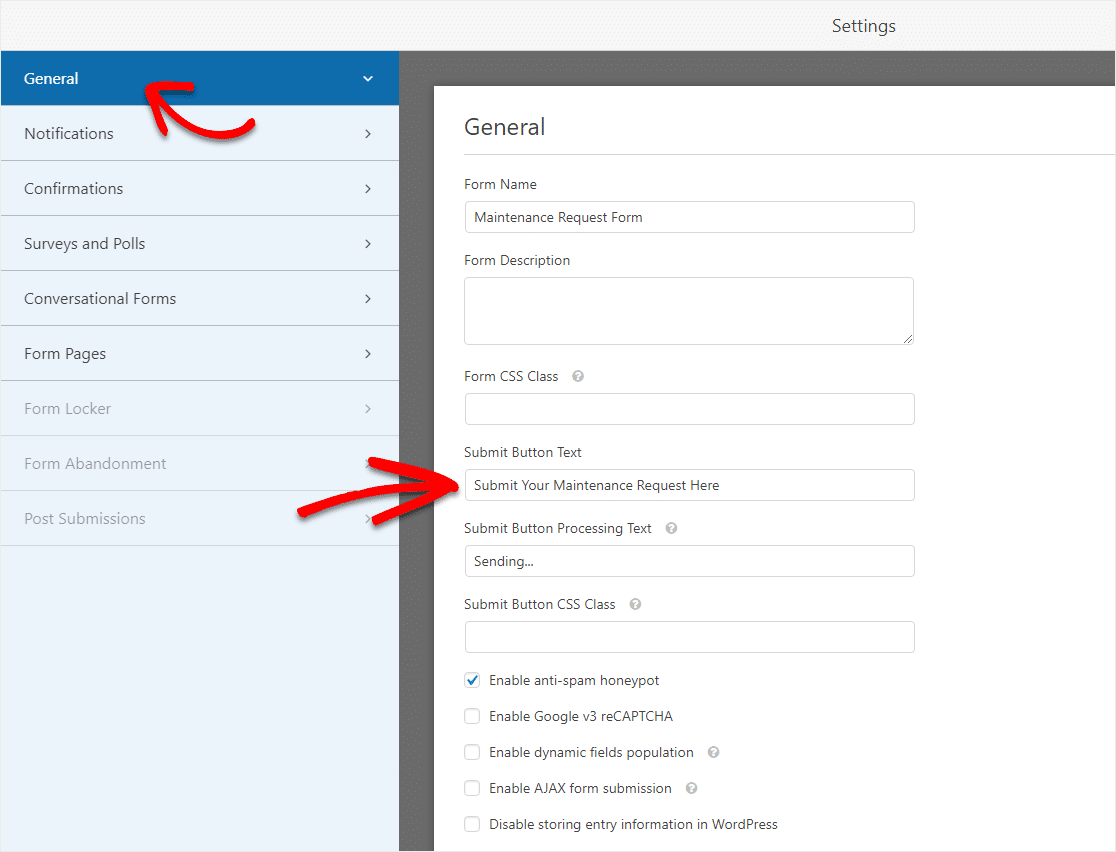 maintenance request form template settings