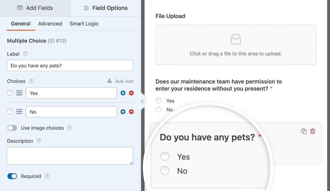 Customizing the field options for a Multiple Choice field in a maintenance request form