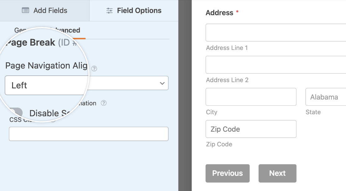 The Page Break field navigation alignment option