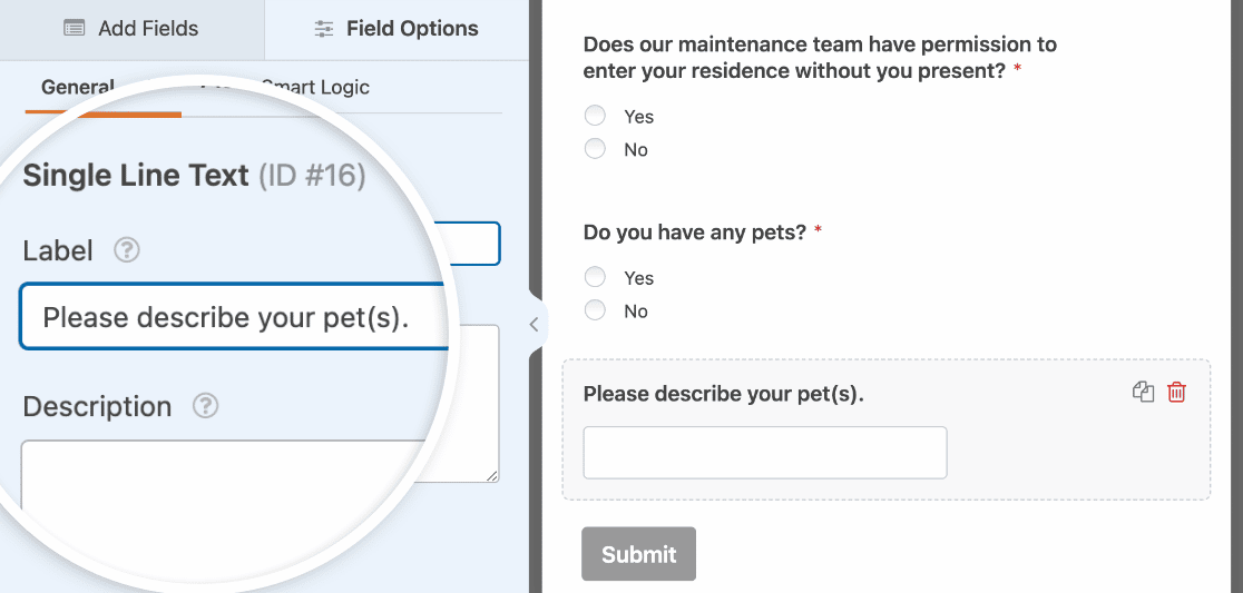 Editing the label for a Single Line Text field in a maintenance request form