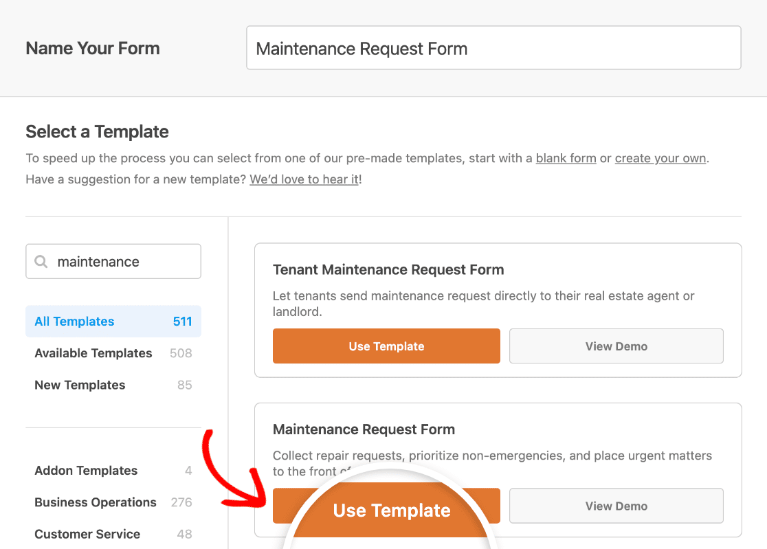 Choosing the Maintenance Request Form template