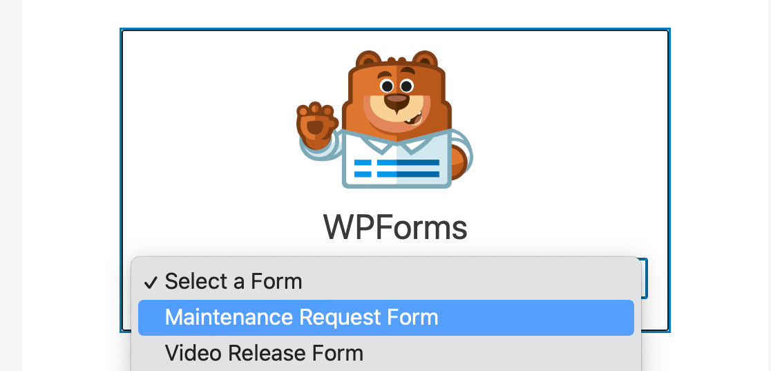 Selecting your maintenance request form from the WPForms block