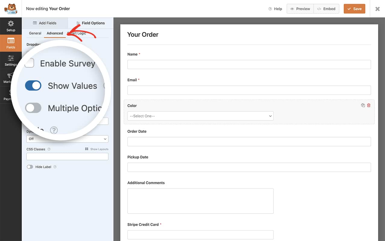 click the toggle to Show Values on the Advnaced tab of the form field