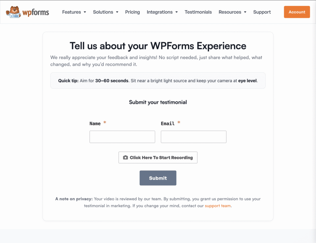 Formulário de depoimento pop-up intitulado 'Conte-nos sobre a sua Experiência com o WPForms' com campos de Nome e E-mail e um botão 'Iniciar Gravação'.