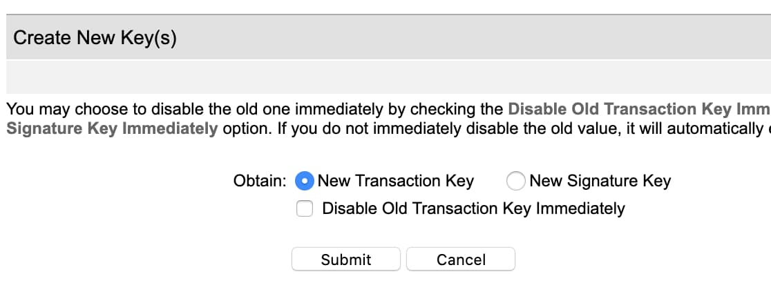 Create new transaction key in Authorize Net account