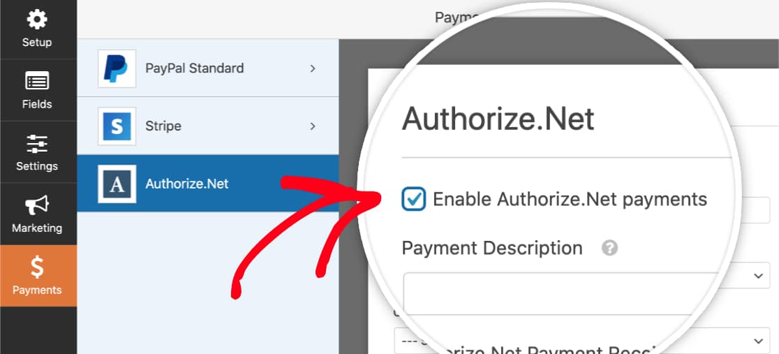 Enable Authorize Net payments in form