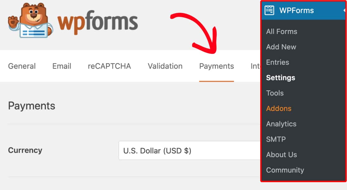 Open Payments tab of WPForms settings