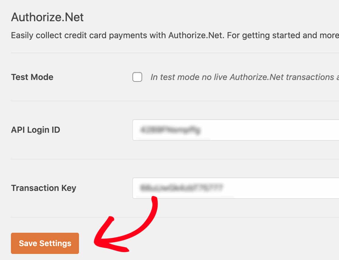 Save completed Authorize Net settings in WPForms