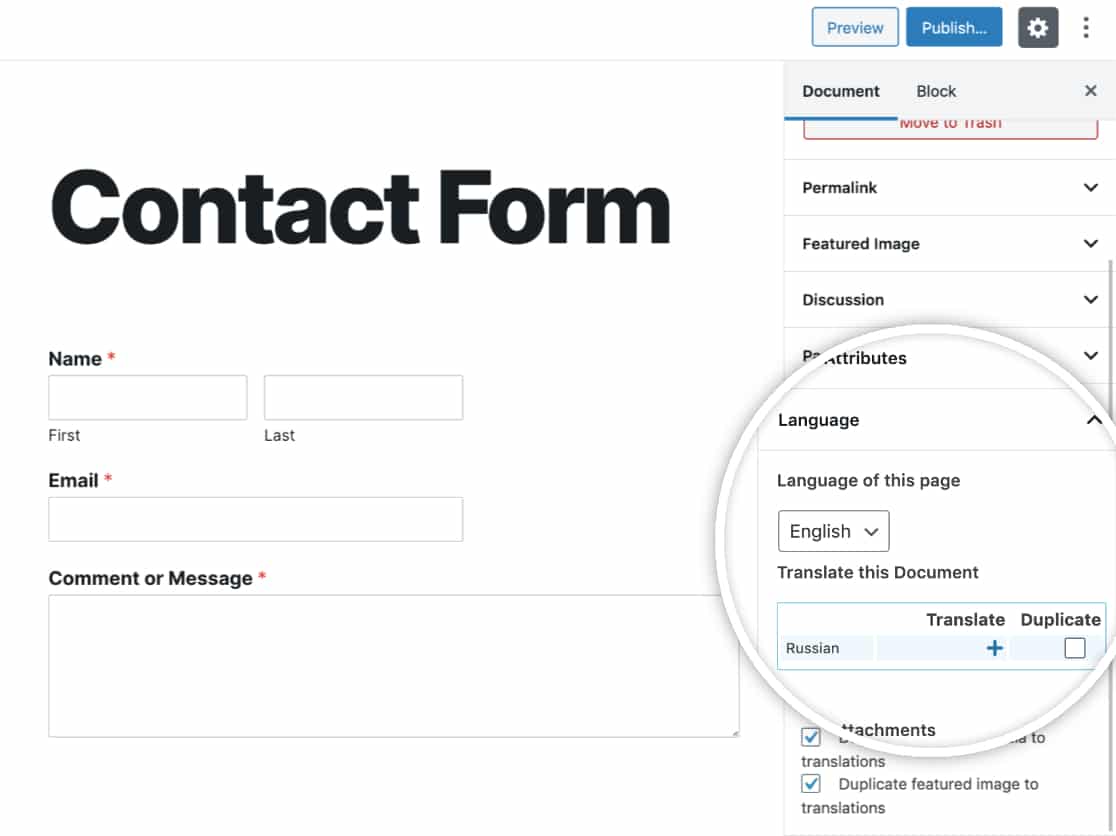 The WPML options for the WPForms block