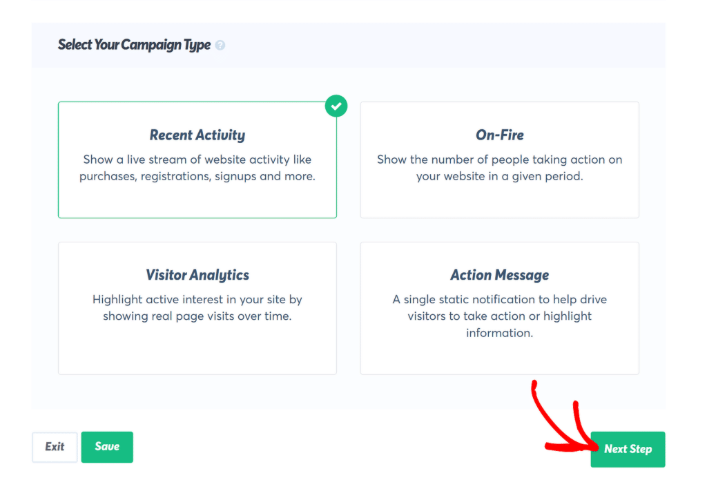 Selecione o tipo de campanha - TrustPulse