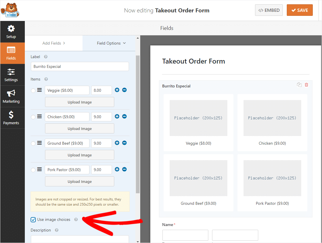 click on use image choices to add pictures to menu