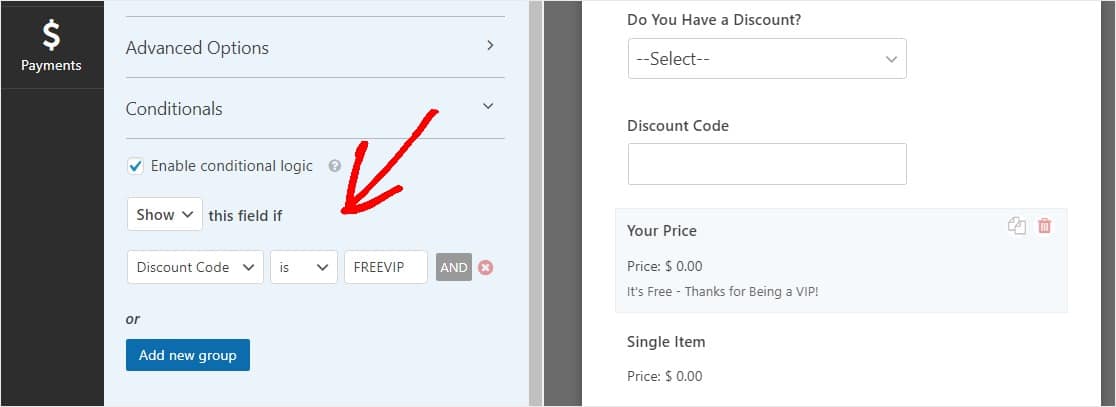 conditional logic on single item for coupon code field