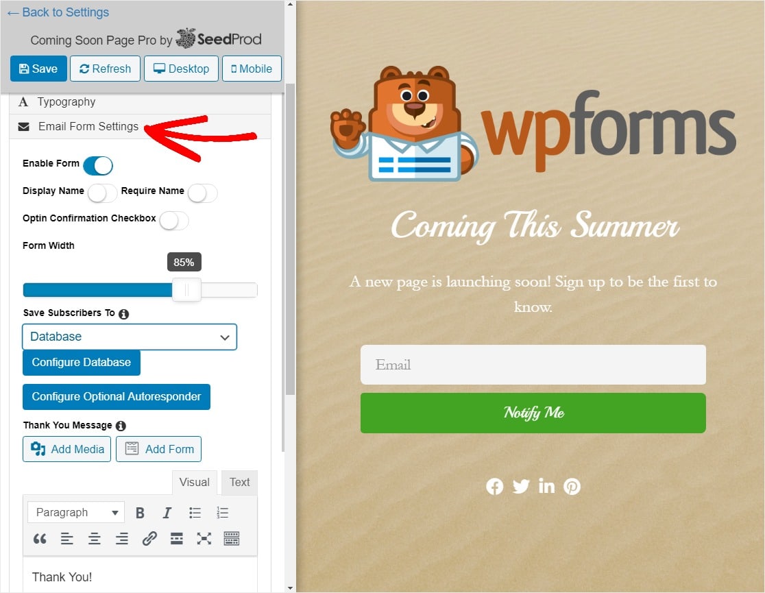 email form settings on your wordpress coming soon page