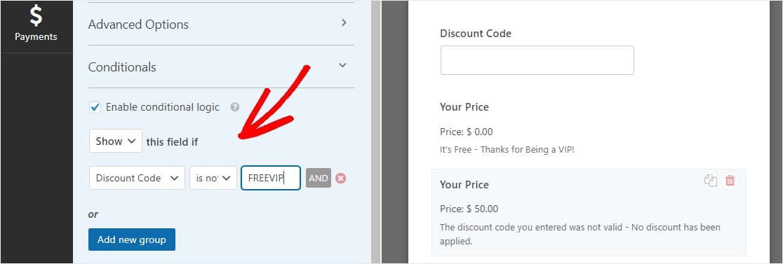 enabling conditional logic for a coupon code field shopping carts