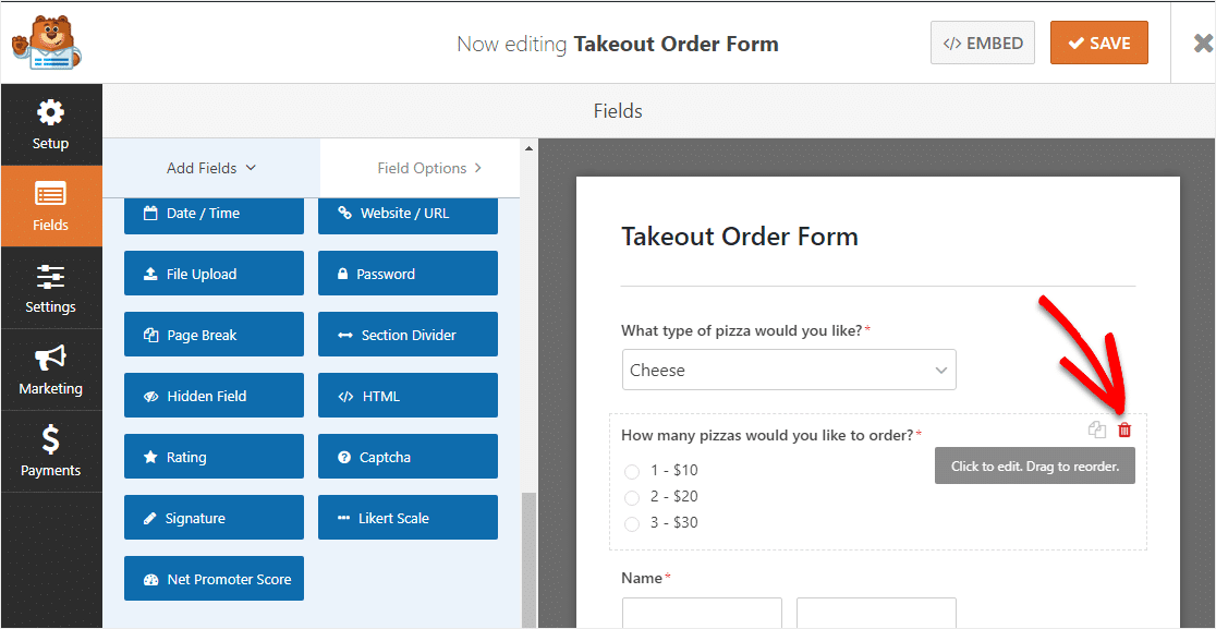 how to remove fields on resturant online order form