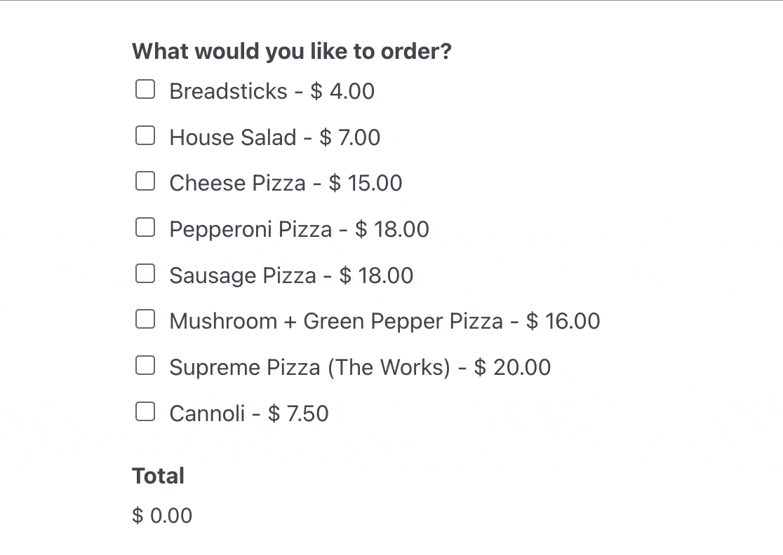 The Total field in a restaurant order form